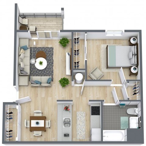A top-down view of a modern apartment layout with a living room, kitchen, and bathroom.
